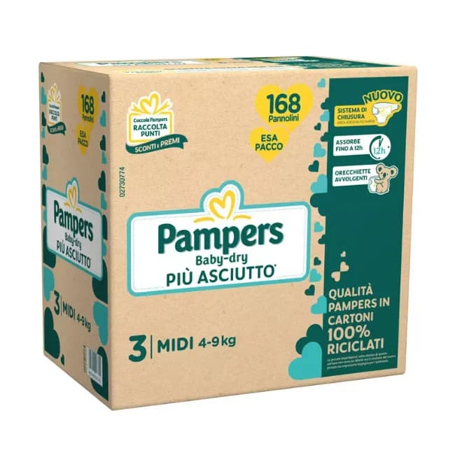 Pannolini Esapack Baby Dry Pampers Più Asciutto, 168 pannolini 3 MIDI 4-9 kg – Carrefour