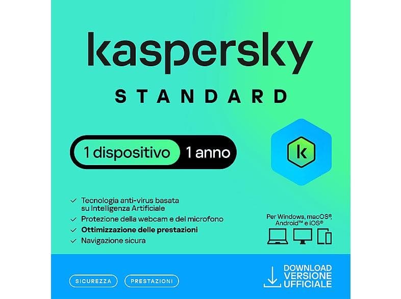 Software PC Standard 1D/1Y Kaspersky in offerta da Euronics