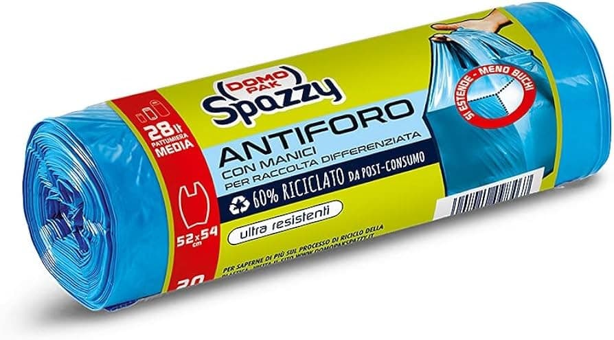Sacchi immondizia antiforo con manici Spazzy, cm 52 x 54, lt 28, 20 pezzi Domopak – Panorama