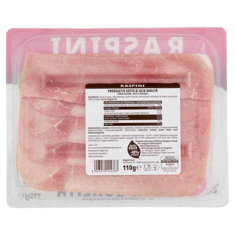 Prosciutto cotto o crudo Raspini, 110/90 g – Panorama