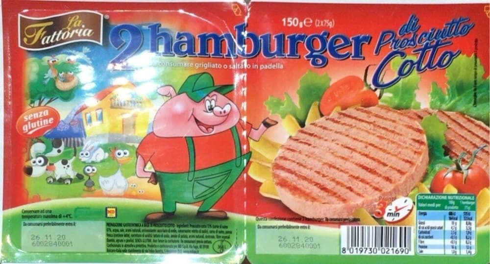 2 Hamburger di prosciutto cotto La Fattoria classico/mozzarella, 150 g – MD