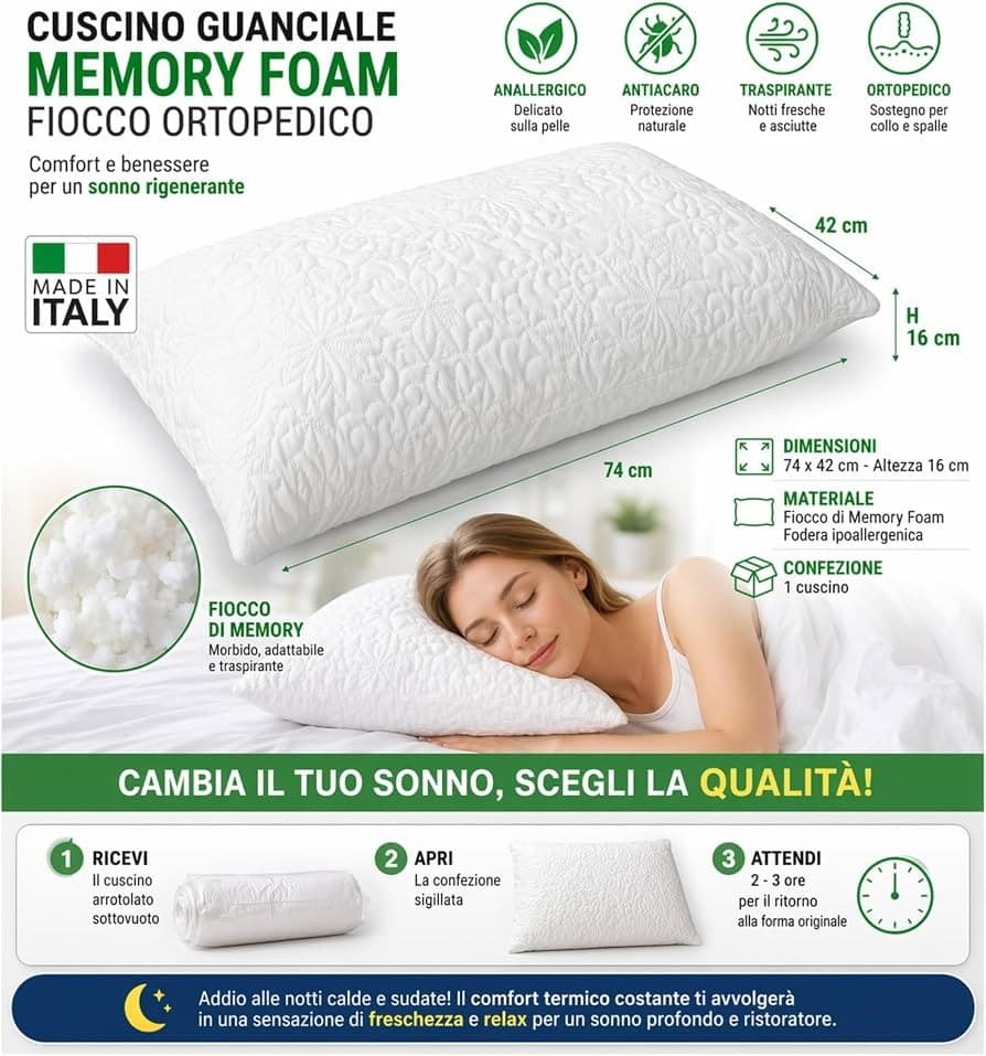 Guanciale Memory Fiocco, 72x42x15 cm – MD