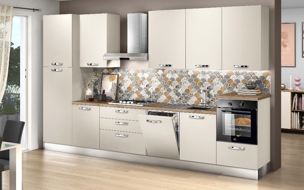 Cucina Stella 390 Avorio Opaco, 390x60x240h cm – Mondo Convenienza