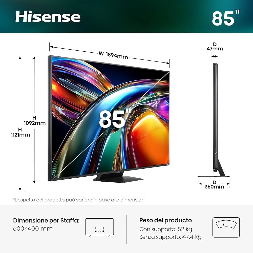 Hisense Smart TV RGB MiniLED 4K 85UR9S 85" in offerta da Comet