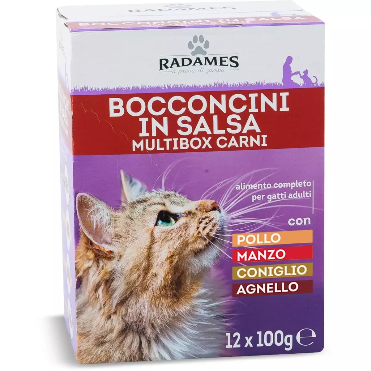 Bocconcini in salsa per gatto Multibox Carni, 12 x 100 g Radames – Eurospin