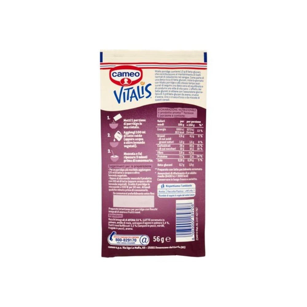 Cameo Vitalis porridge frutti rossi, 56 g – Lidl
