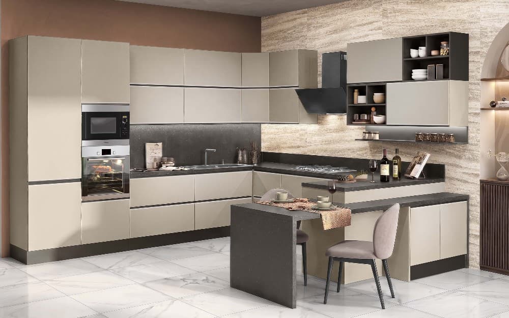 MIA. Composizione cucina anta stondato con maniglia a gola Tortora Opaco – Mondo Convenienza