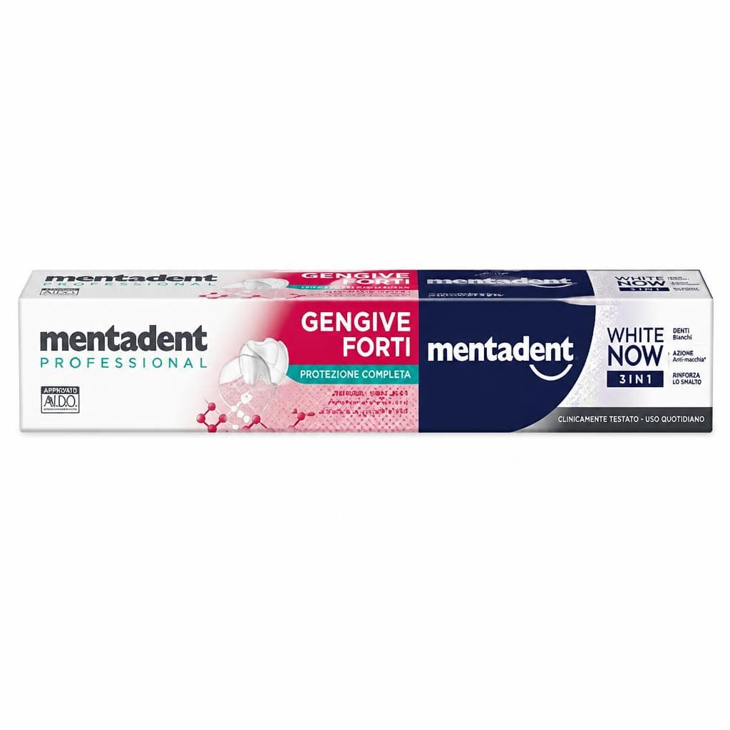 Mentadent dentifrici Gengive Forti e White Now 3in1 – Acqua & Sapone