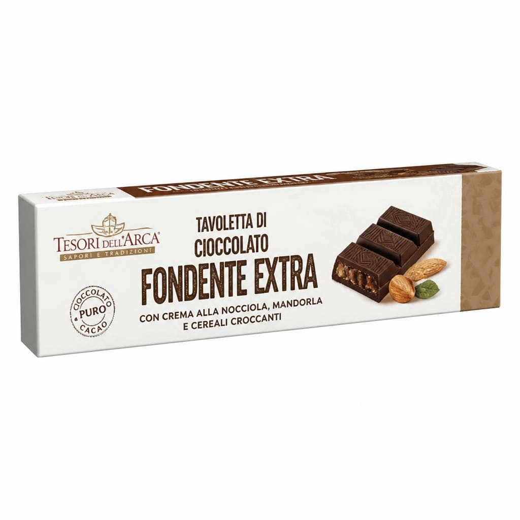 Tesori dell'Arca tavoletta di cioccolato fondente extra con crema alla nocciola, mandorla e cereali croccanti, 145 g – Panorama