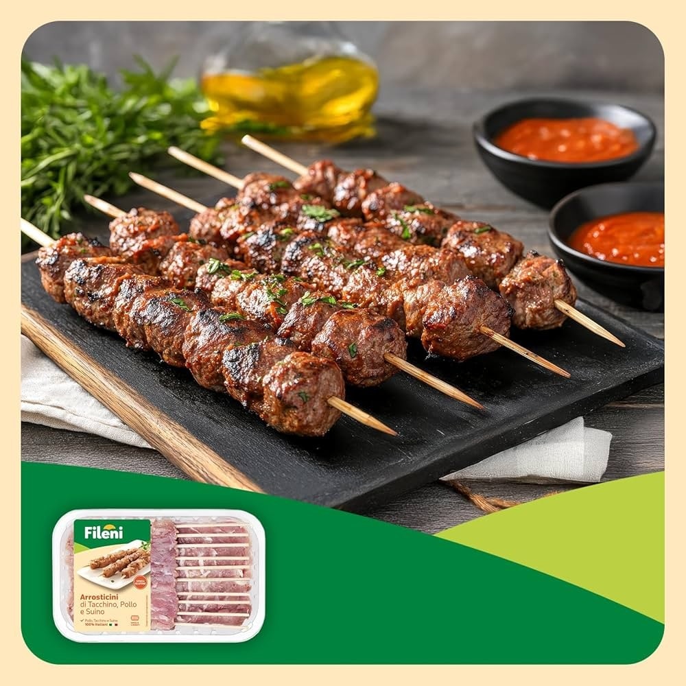 Hamburger di pollo e tacchino, Salsiccia piccante di pollo, tacchino e suino, Arrosticini di pollo e suino o Spiedini di pollo con salsiccia e peperoni The Grillers 340 g / 480 g Fileni - Offerta nel negozio Iper La grande i