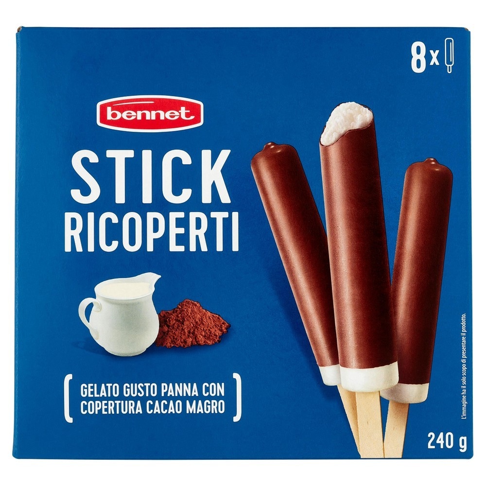 Stick ricoperti gelato gusto panna con copertura cacao magro 8 pezzi, 240 g in offerta da Bennet