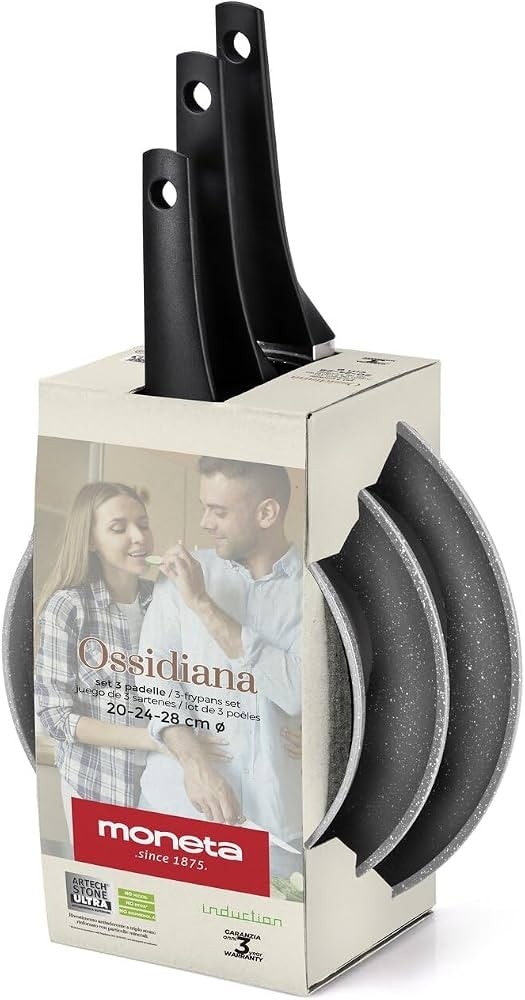 Tris Padelle Moneta Ossidiana Mis. 20-24-28 cm in offerta da Carrefour