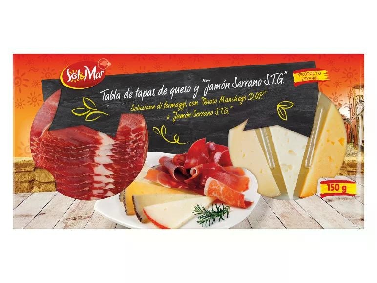 Selezione di formaggi con "Queso Manchego DOP" e "Jamón Serrano STG" 150 g Sol&Mar in offerta da Lidl
