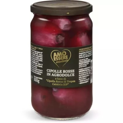 Cipolle rosse in agrodolce di Tropea IGP 530 g/sgocc. 350 g AMO ESSERE in offerta da Eurospin