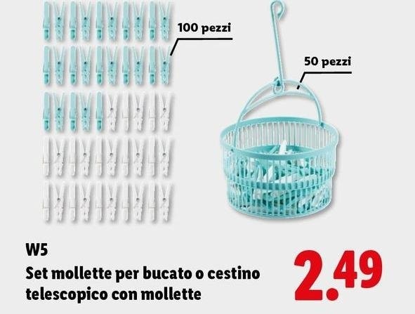 W5 set mollette per bucato o cestino telescopico con mollette in offerta da Lidl