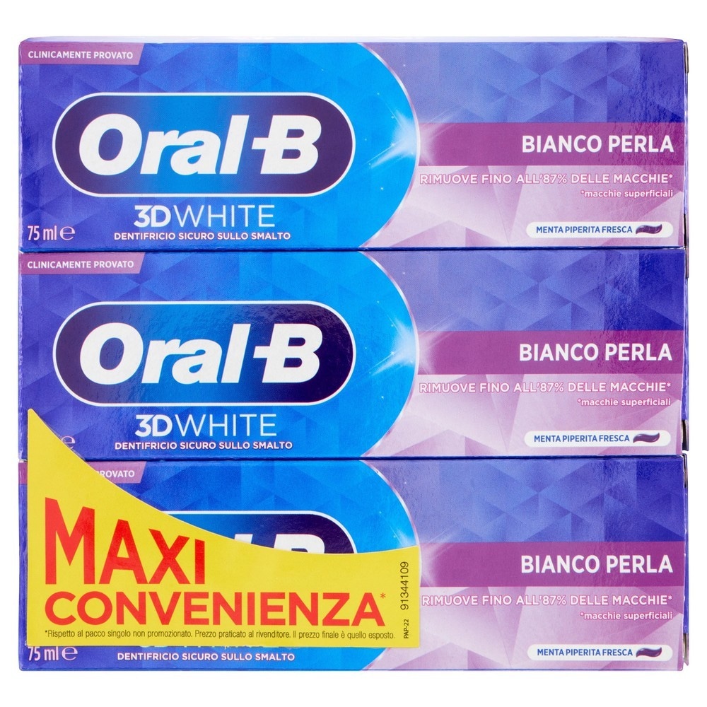 Dentifricio Oral B 3DW Bianco Perla 3 pezzi x 75 ml (225 ml totali) in offerta da Carrefour
