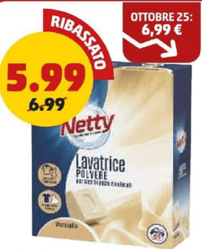 Detersivo lavatrice in polvere Netty 65 misurini in offerta da Penny