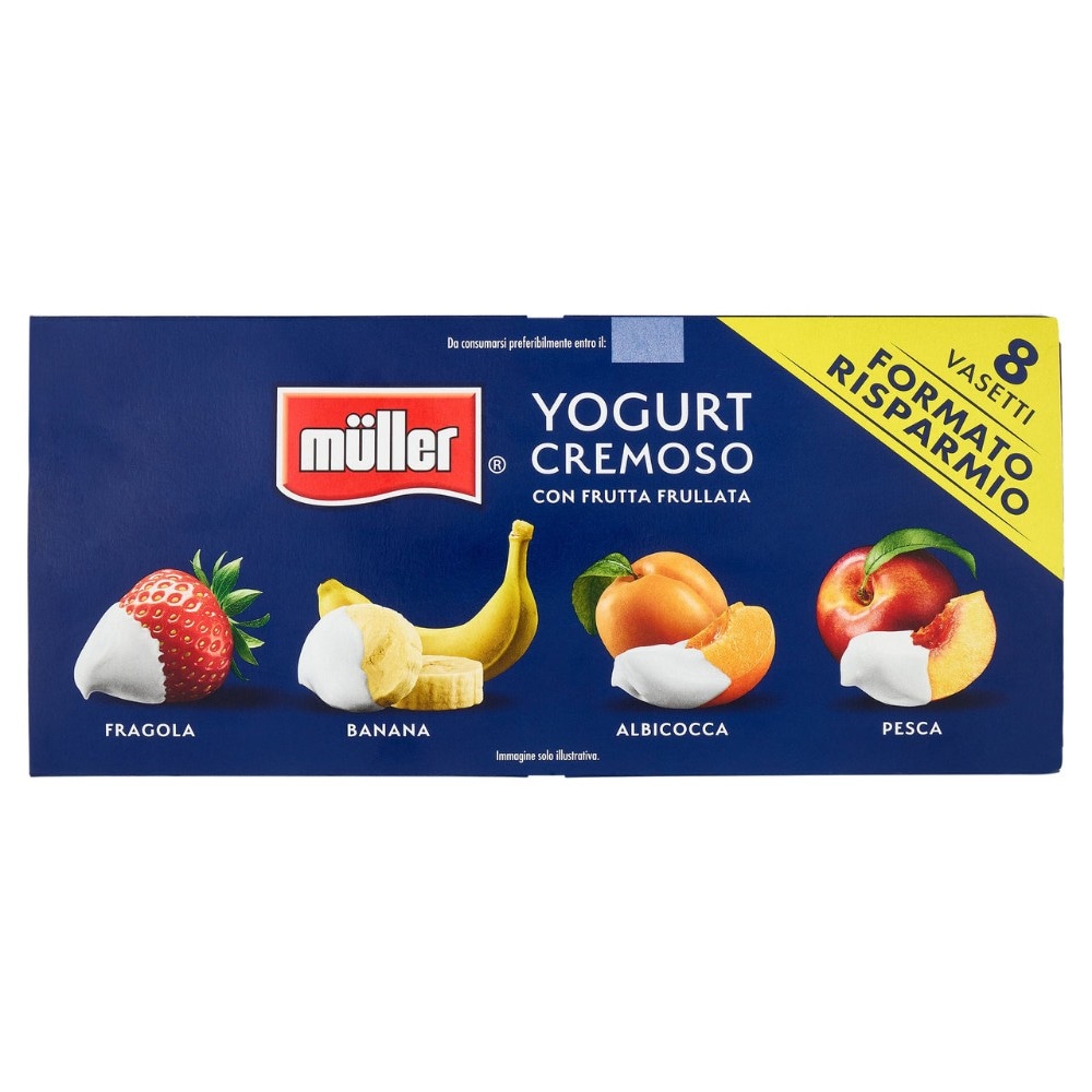 Müller yogurt cremoso con frutta frullata fragola, banana, albicocca, pesca 8 x 125 g in offerta da Dpiù