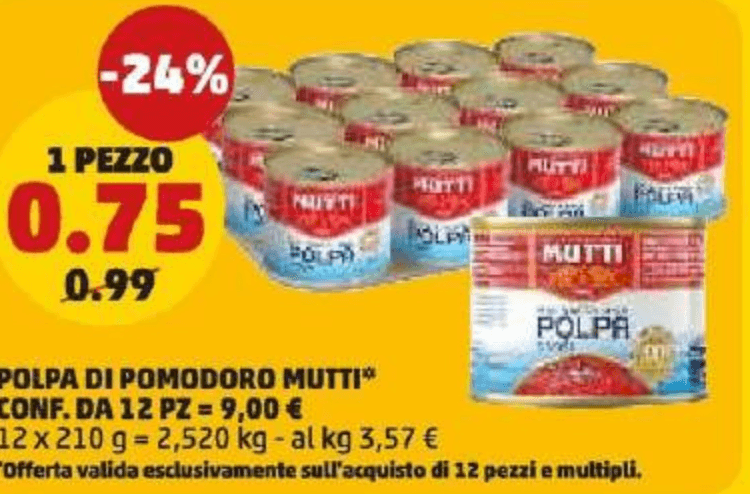 Polpa di pomodoro Mutti 12 x 210 g in offerta da Penny
