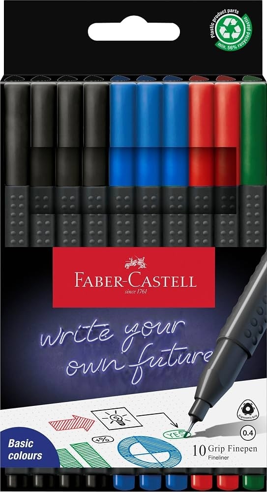 Faber-Castell Grip Finepen fineliner confezione da 10, punta 0,4 mm in offerta da Bennet