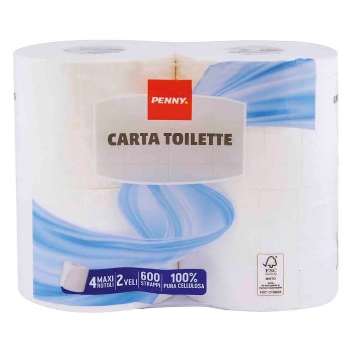 Penny carta igienica 4 rotoli, 2 veli - 600 strappi in offerta da Penny