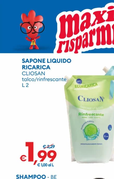 Sapone liquido ricarica Cliosan 2 L in offerta da MD