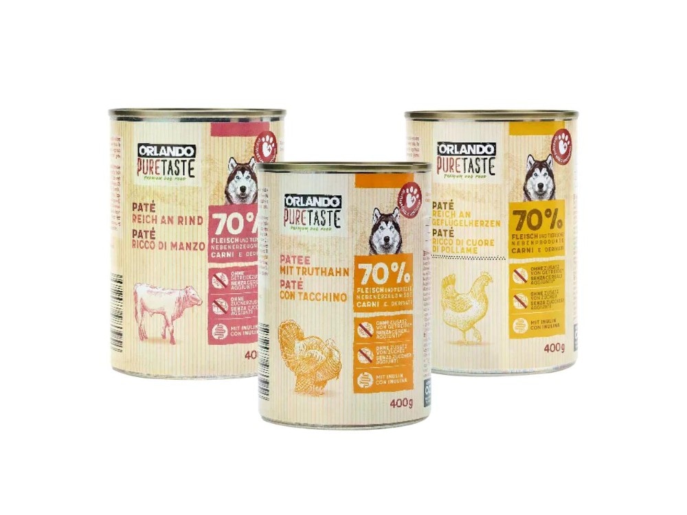 Orlando Paté per cani premium con 70% di carne e derivati 400 g confezione in offerta da Lidl
