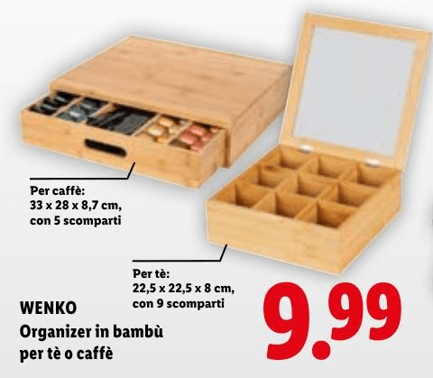 Organizer in bambù Per caffè: 33 x 28 x 8,7 cm, con 5 scomparti; Per tè: 22,5 x 22,5 x 8 cm, con 9 scomparti Wenko - Offerta nel negozio Lidl