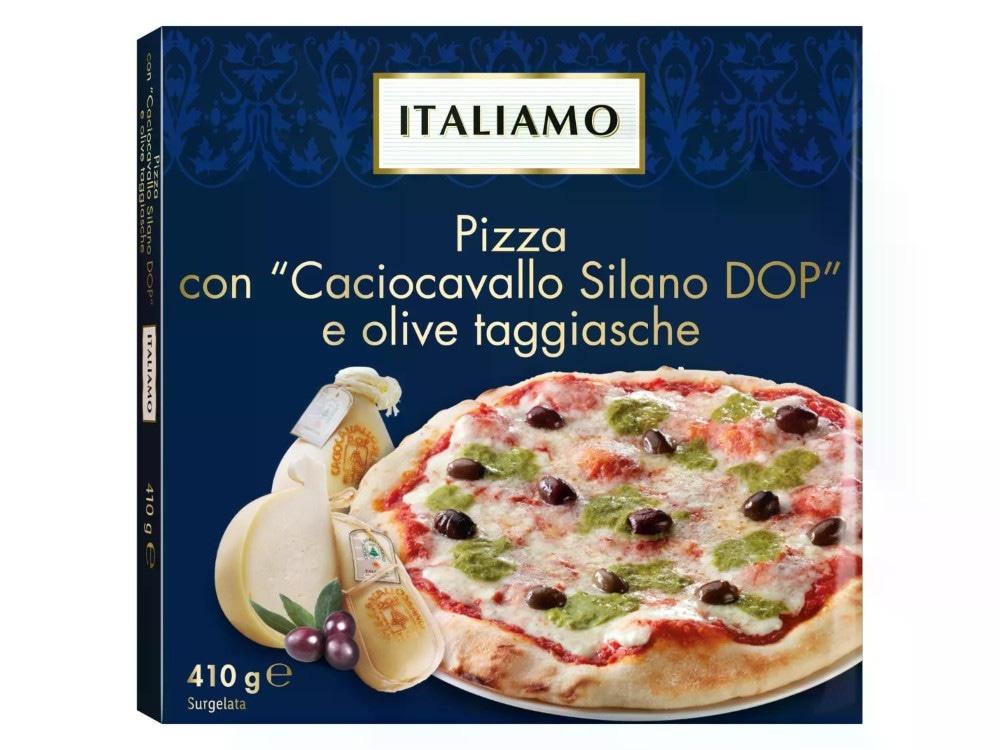 Pizza con Caciocavallo Silano DOP e olive taggiasche 410 g confezione Italiamo - Offerta nel negozio Lidl