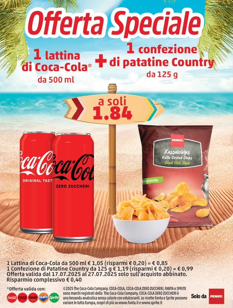 Coca-Cola e patatine Penny, 1 lattina da 500 ml + 1 confezione da 200 g Coca-Cola, Penny – Penny