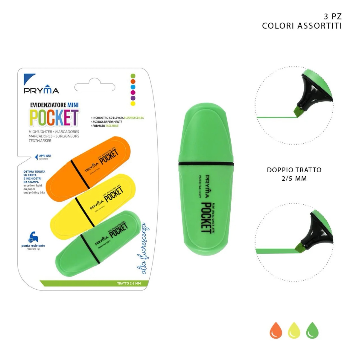 Evidenziatore Mini Pocket punta scalpello fluo 3 pezzi in offerta da Panorama