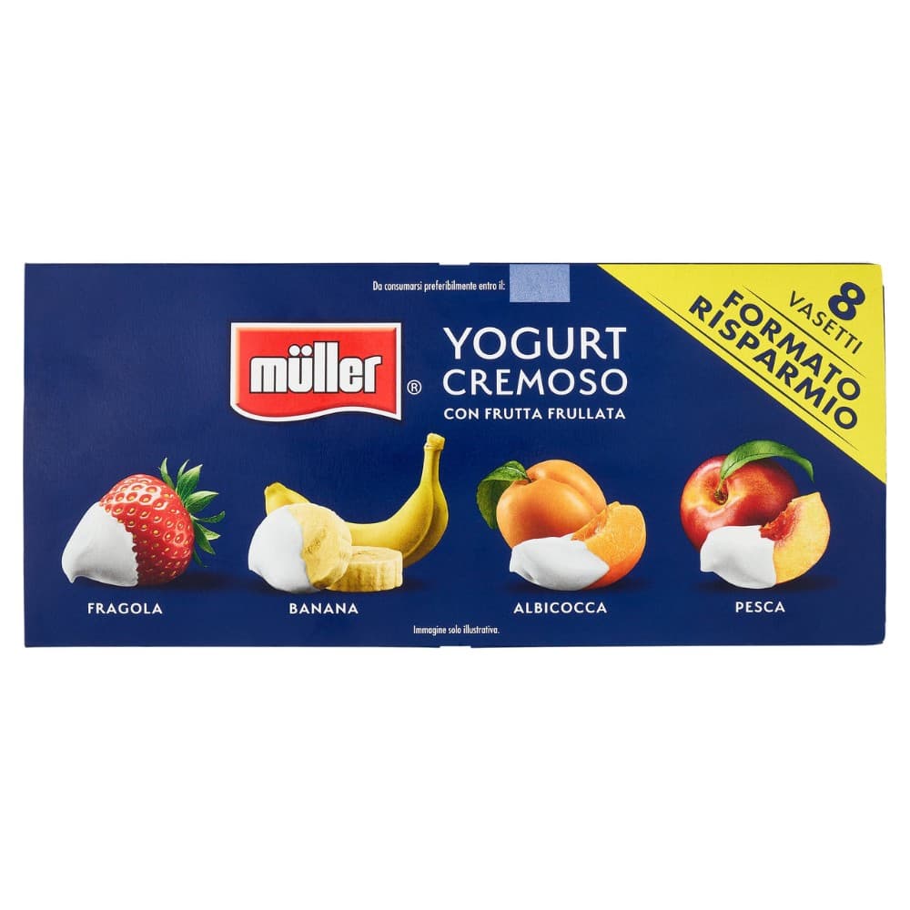 Müller yogurt cremoso con frutta frullata fragola, banana, albicocca, pesca 8 x 125 g in offerta da Dpiù