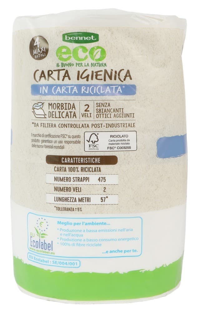 Bennet Eco carta igienica in carta riciclata, conf. da 4 maxi rotoli – Bennet