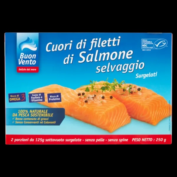 Cuori di filetti di salmone selvaggio surgelati Buon Vento 250 g in offerta da Bennet
