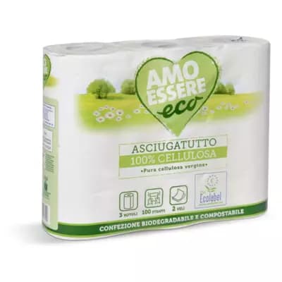 Asciugatutto Ecolabel, 3 rotoli, 2 veli, 100 strappi Amo Eco – Eurospin