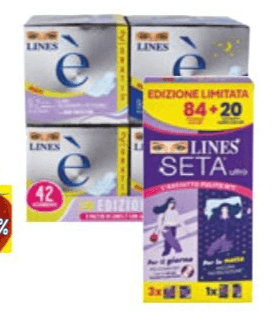 Lines assorbenti, da 78 a 104 pezzi (Seta Ultra) o 42 pezzi (è ali + notte) – Esselunga