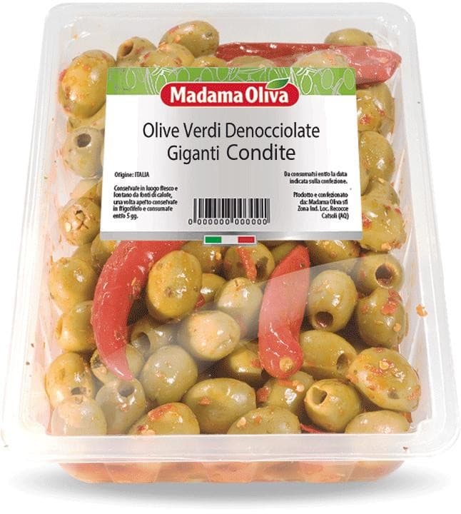 Olive verdi denocciolate giganti condite piccanti – Bennet