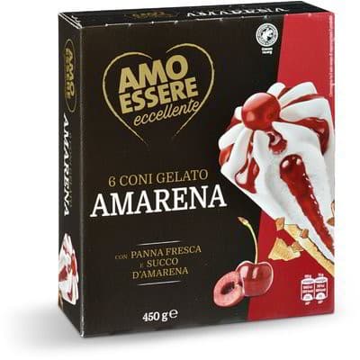 Amo Essere Eccellente coni gelato Amarena/Caffè/Panna 6 pz, 450 g in offerta da Eurospin
