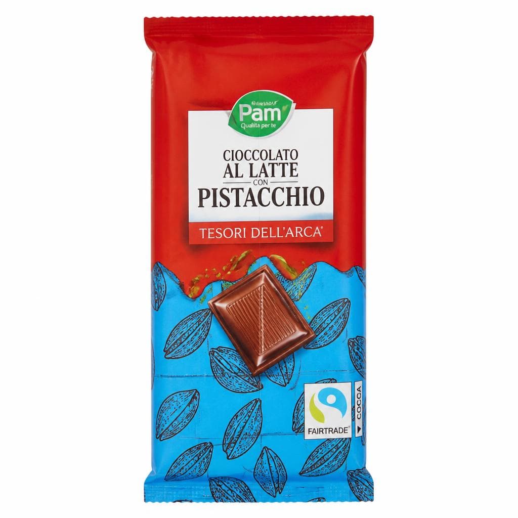 Tavoletta di cioccolato al latte con granella di pistacchio Tesori dell'Arca, 100 g – Panorama