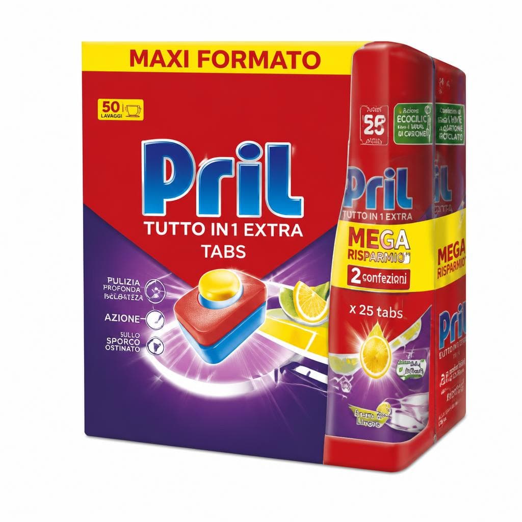 Pril Tutto in 1, power gel: conf. da 2 pz - 2 x 936 ml = 1,872 l; tabs: conf. da 76 tabs – Penny