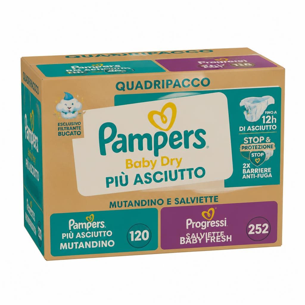 Quadripacco Pampers Baby Dry, Piu Asciutto, Mutandino o Salviette Pampers Progressi – Il Gigante