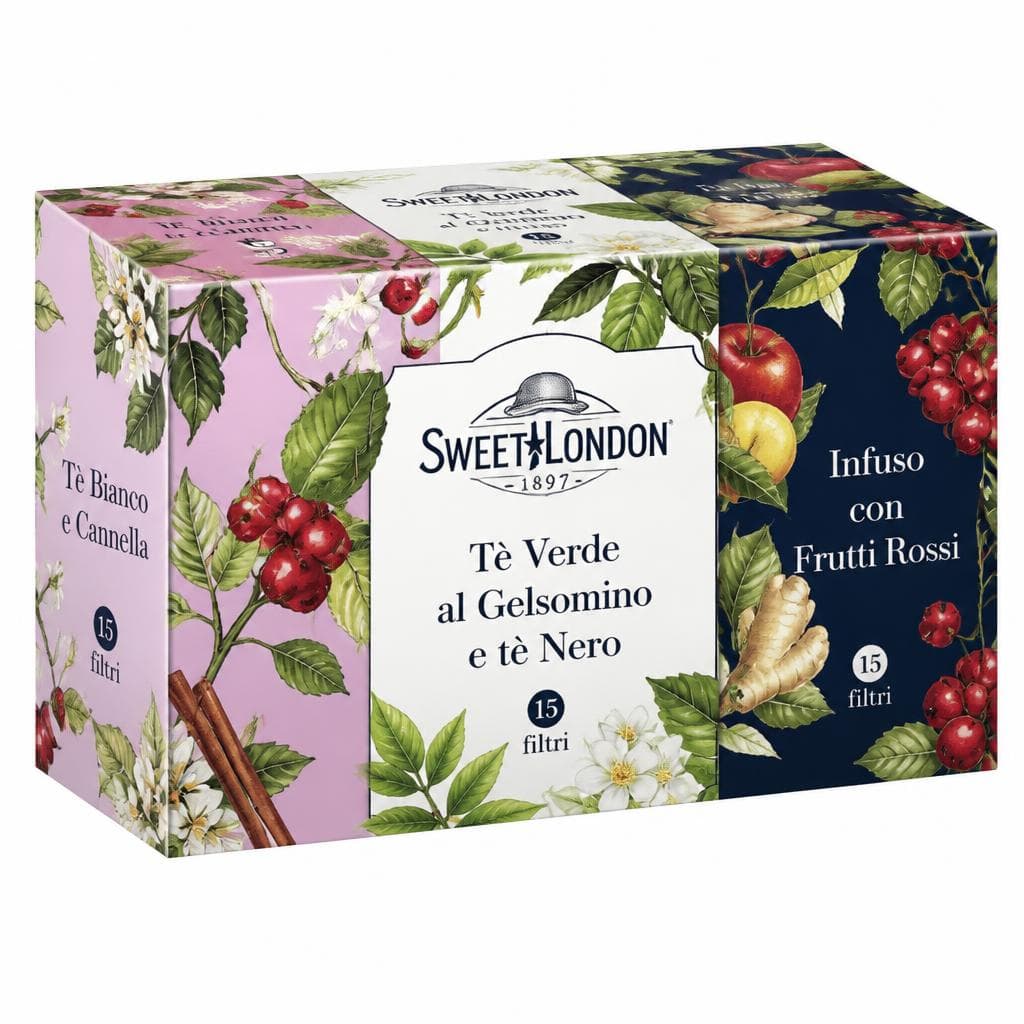 The Sweet London tè verde al gelsomino e tè nero / tè bianco e cannella / infuso mela e zenzero / infuso con frutti rossi, 15 Filtri – Dpiù